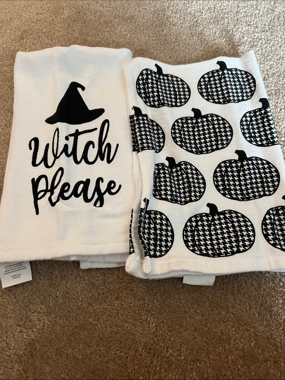 Halloween Witch Please & Pumpkin Printed Kitchen Towels - Black on White